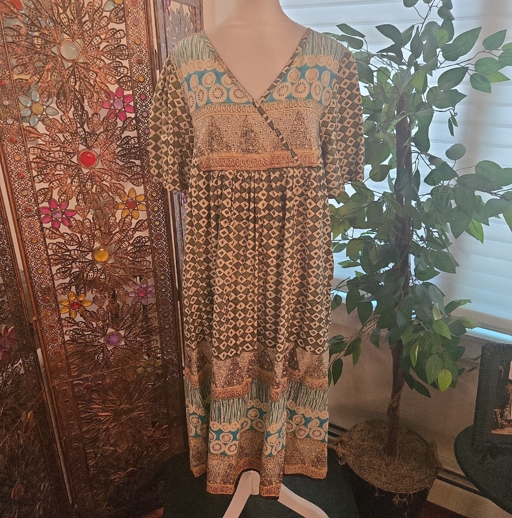 VTG 80s Cotton Geometric Grandma Boho Whimsical Short Sleeve Midi Dress Small